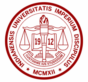 Red Indiana University seal with torch and scales