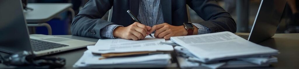 Business professional reviewing documents at desk