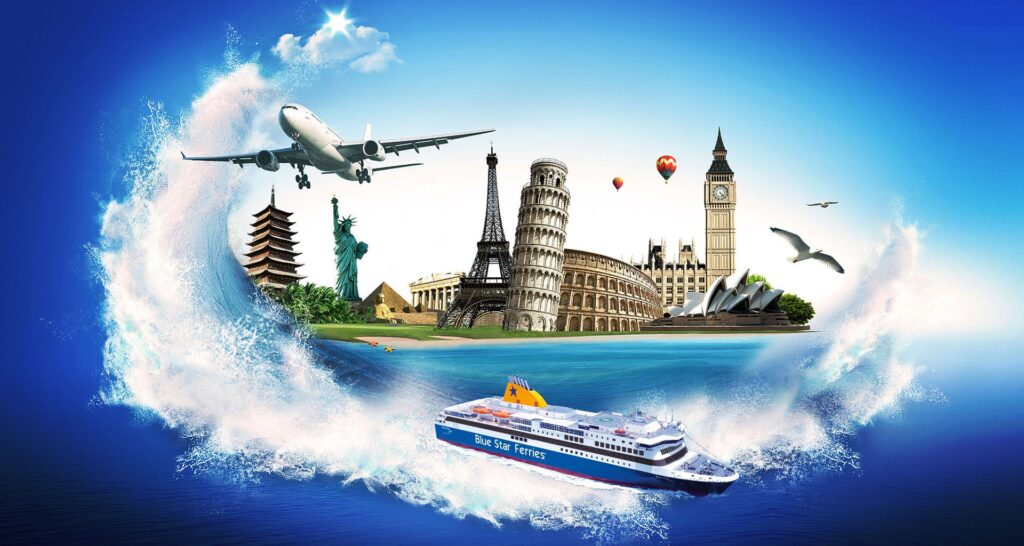 Worldwide landmarks collage with plane and ship