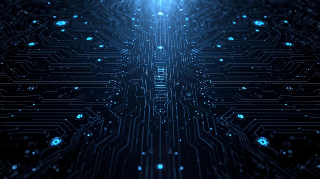 Futuristic glowing blue circuit board pathways