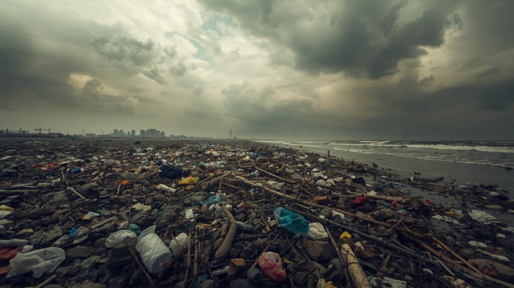 Polluted beach strewn with debris under stormy sky